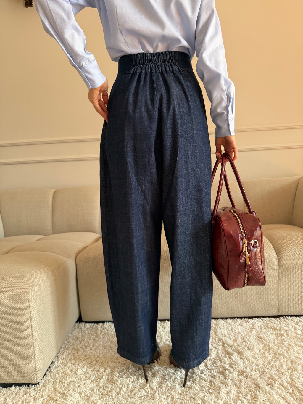 Pantalone Palazzo effetto jeans Blu con Pieghe Frontali